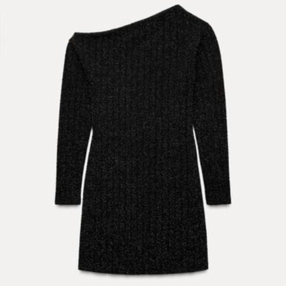 NWT‎ Shimmer Long Sleeve Zara Black Metallic One Shoulder Mini Dress L